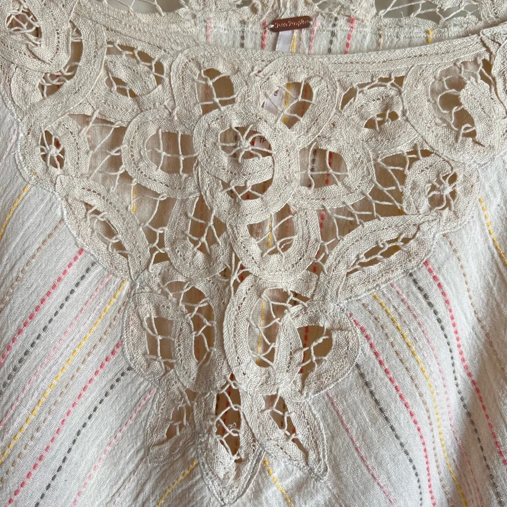 Free People Cream Lace & Striped Detail Peasant Top, XS